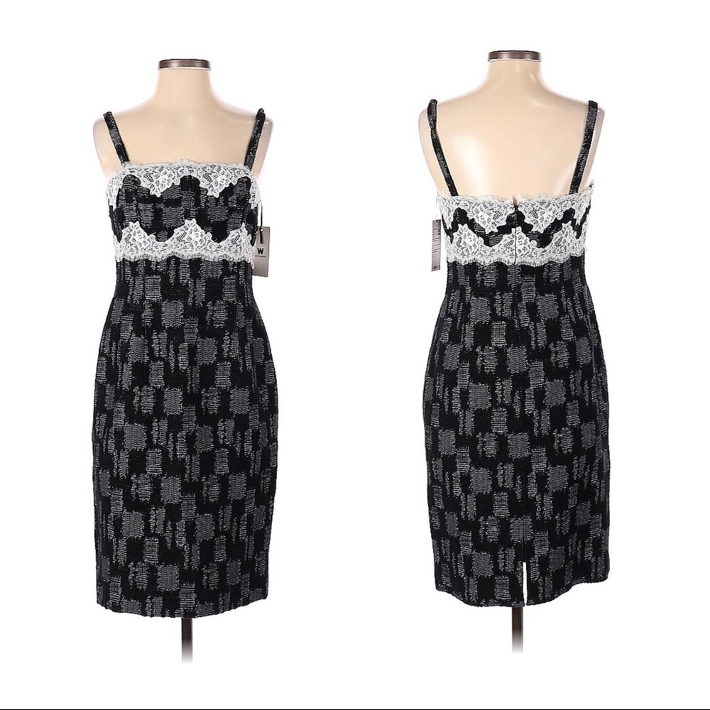 NEW W by Worth Women Black Cocktail Dress Houndstooth White Lace 4